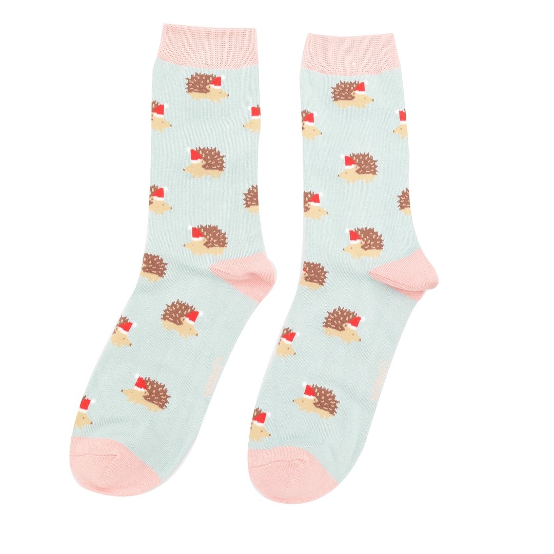 Christmas Festive Hedgehogs Ladies Bamboo Socks Duck Egg Blue - Sugarplum Boutique