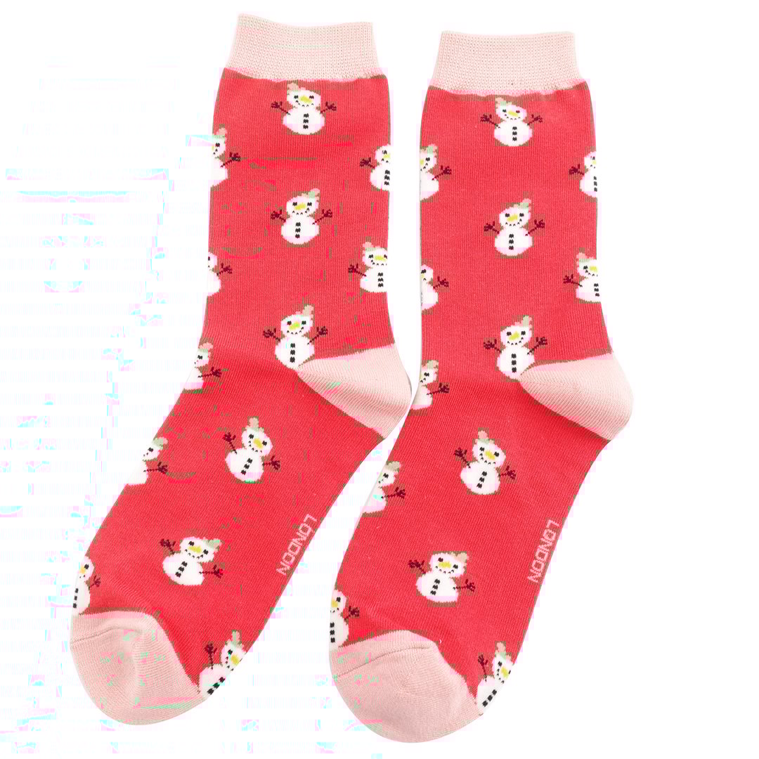 Christmas Little Snowmen Ladies Bamboo Socks Red - Sugarplum Boutique