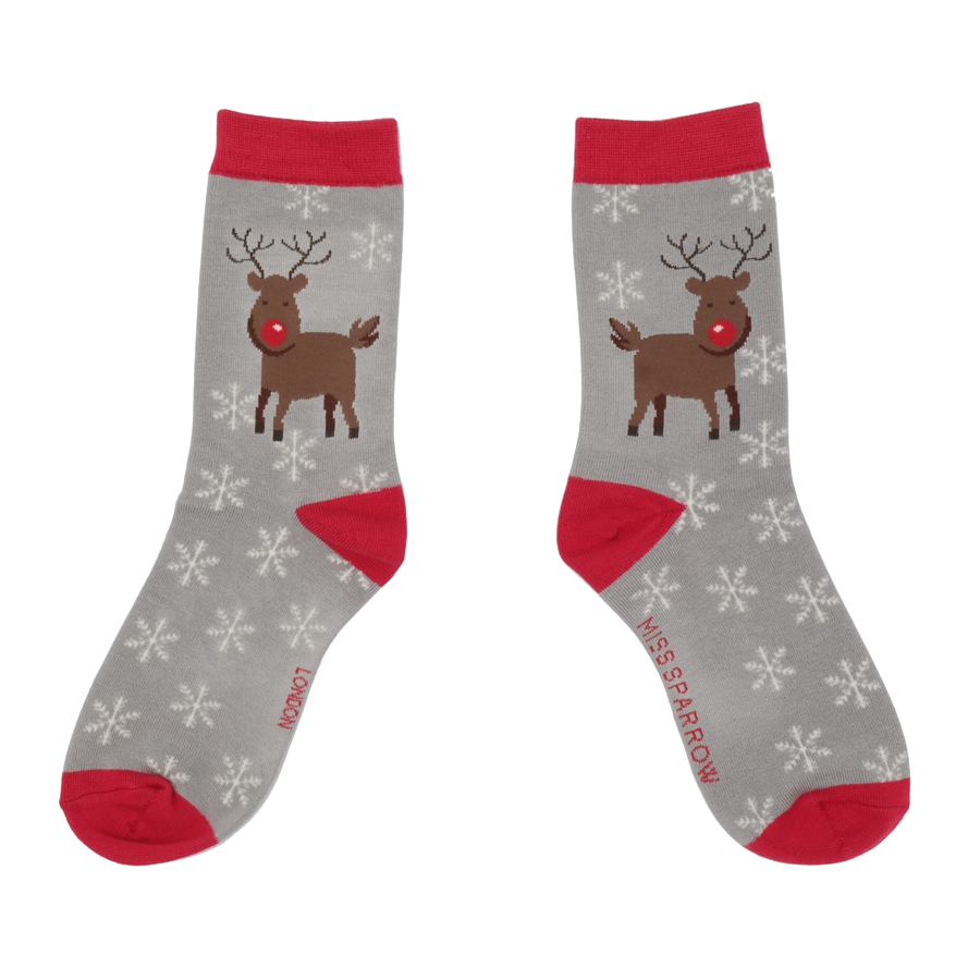 Christmas Rudolph Reindeer Ladies Bamboo Socks Grey - Sugarplum Boutique