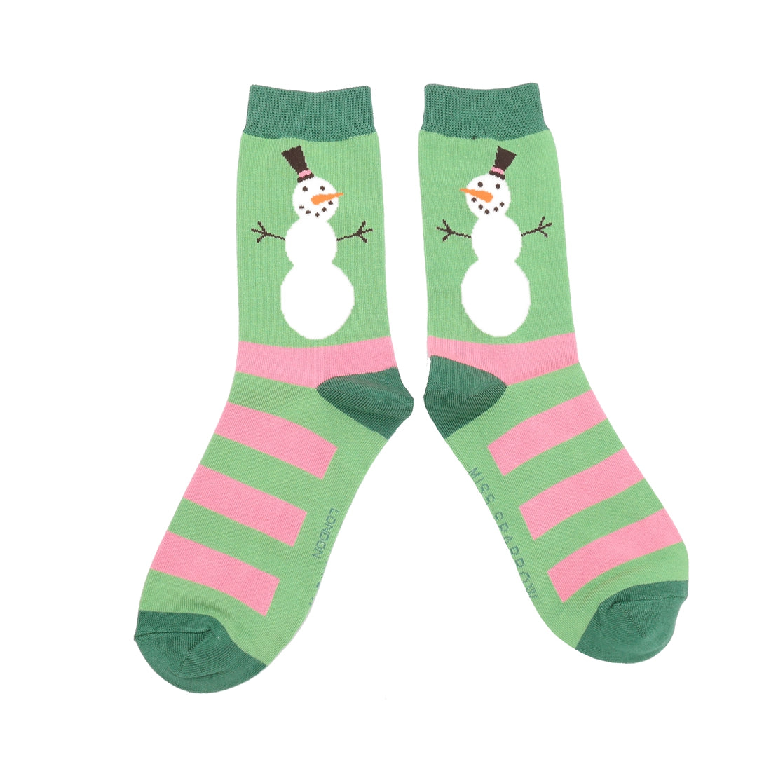 Christmas Snowmen Ladies Bamboo Socks Green - Sugarplum Boutique