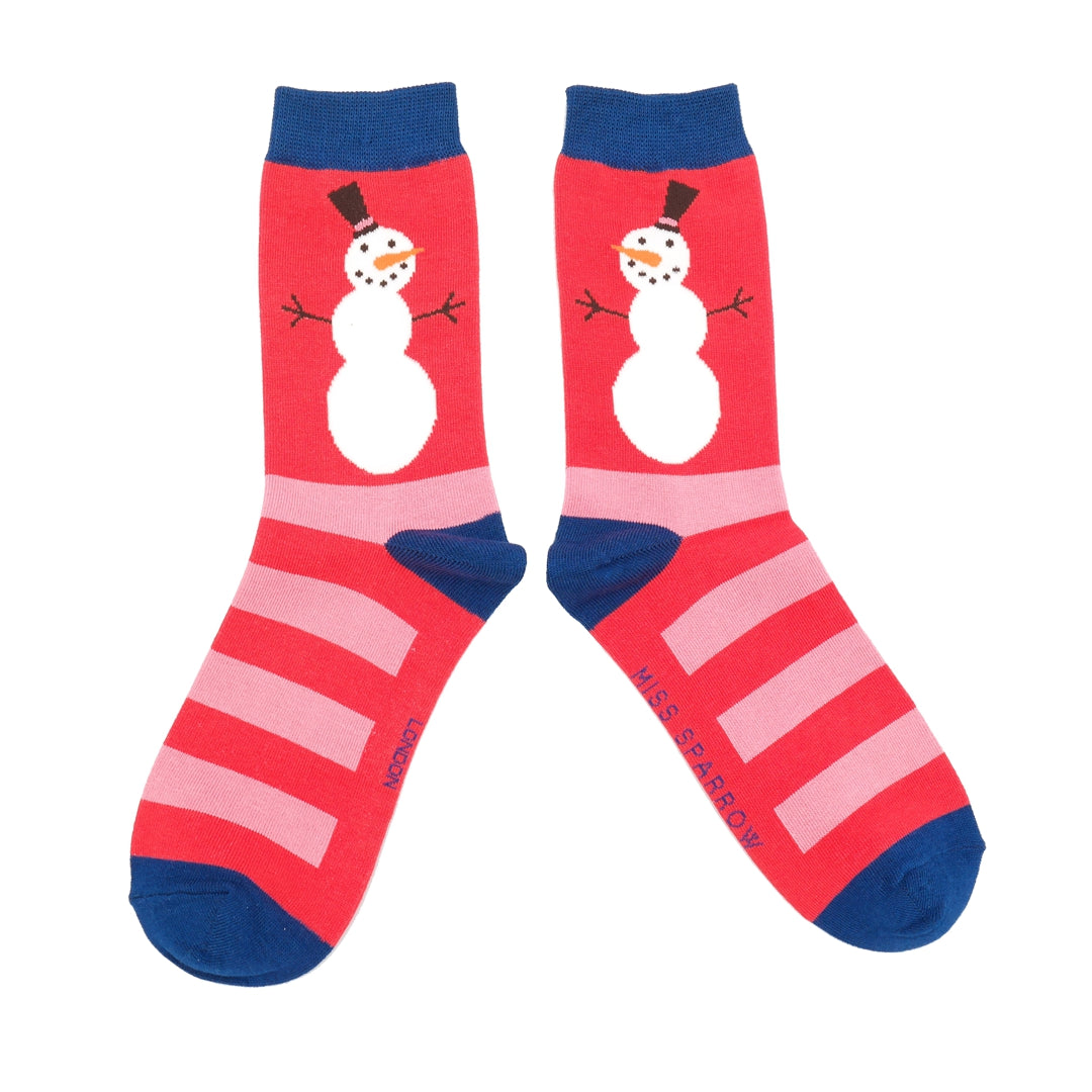 Christmas Snowmen Ladies Bamboo Socks Red - Sugarplum Boutique