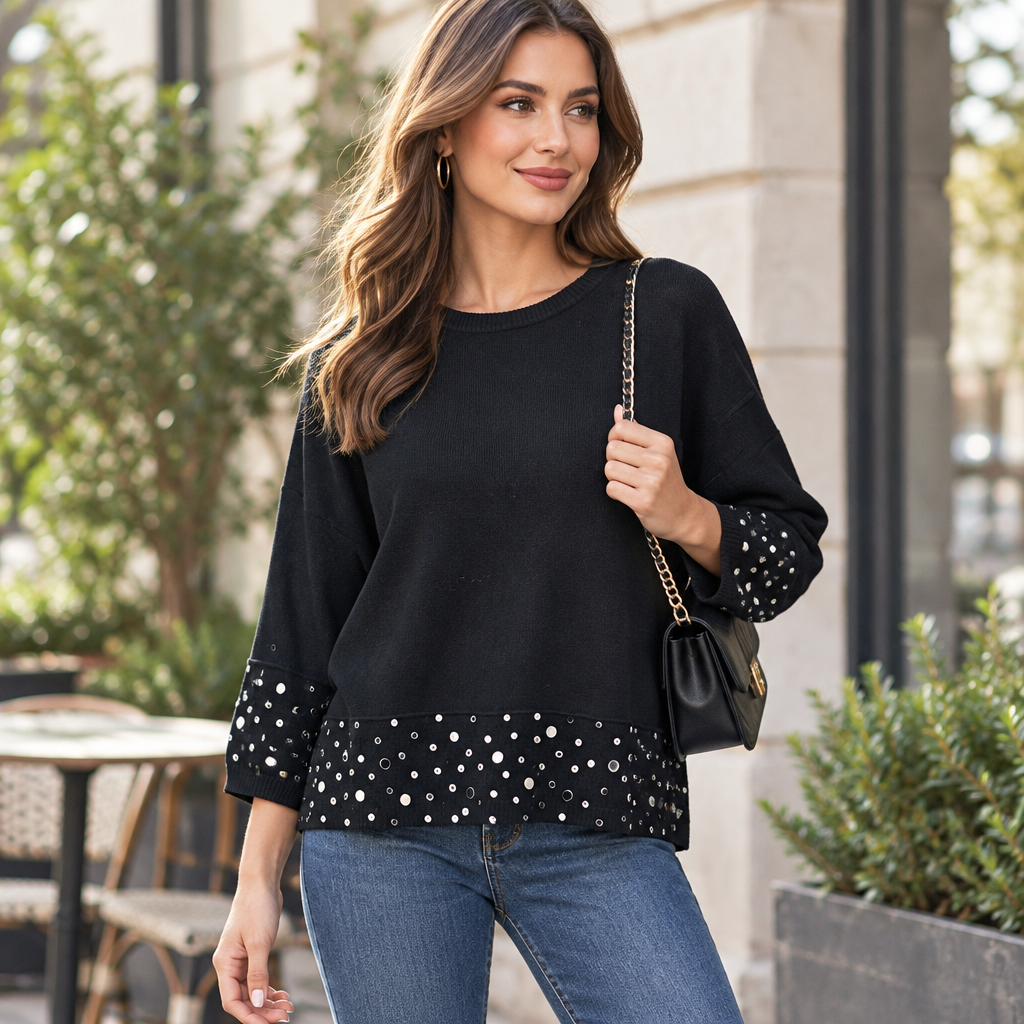 Clementine Embellished Hem Black 3/4 Sleeve Knit Jumper - Sugarplum Boutique