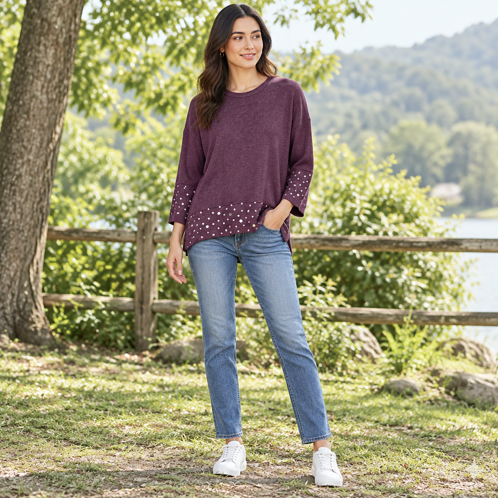 Clementine Embellished Hem Burgundy 3/4 Sleeve Knit Jumper - Sugarplum Boutique