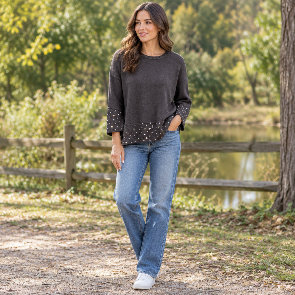 Clementine Embellished Hem Chocolate Brown 3/4 Sleeve Knit Jumper - Sugarplum Boutique