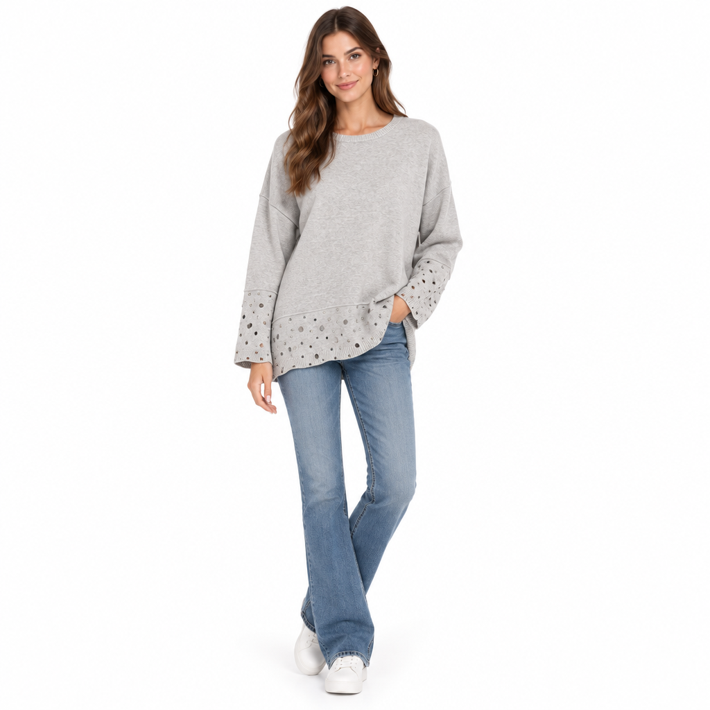 Clementine Embellished Hem Stone 3/4 Sleeve Knit Jumper - Sugarplum Boutique