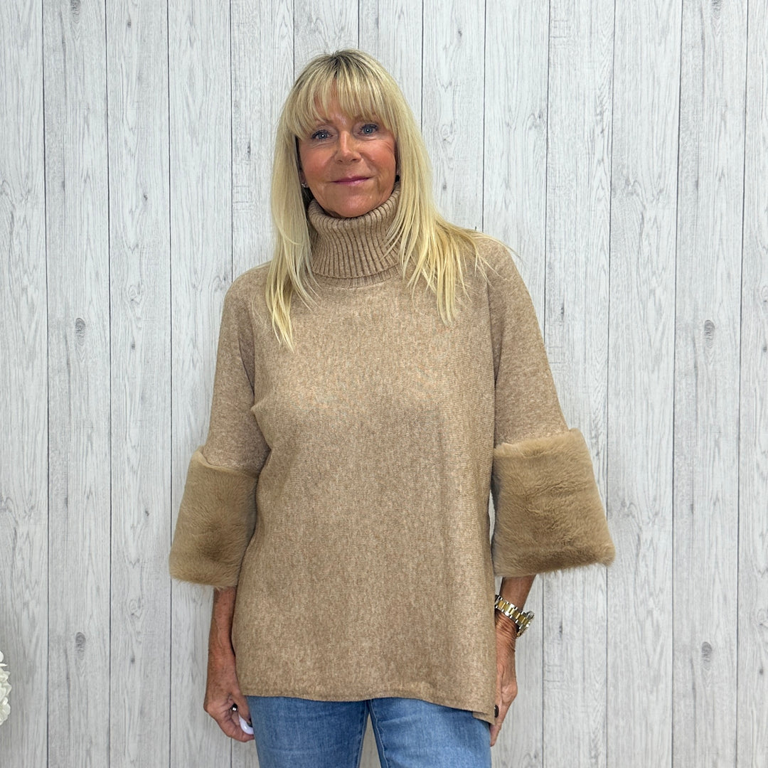 Clifton Roll Neck Faux Fur Trim Jumper Camel Brown - Sugarplum Boutique