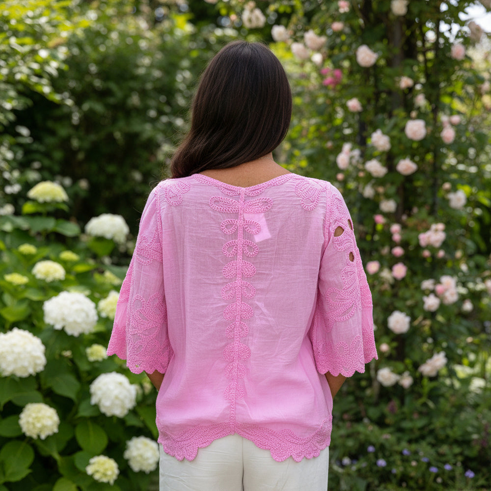 Clovelly Bubblegum Pink Cotton Crochet Wide Sleeve Top - Sugarplum Boutique