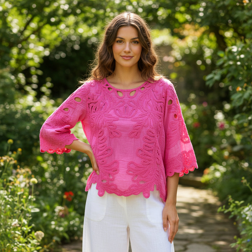 Clovelly Cerise Pink Cotton Crochet Wide Sleeve Top - Sugarplum Boutique