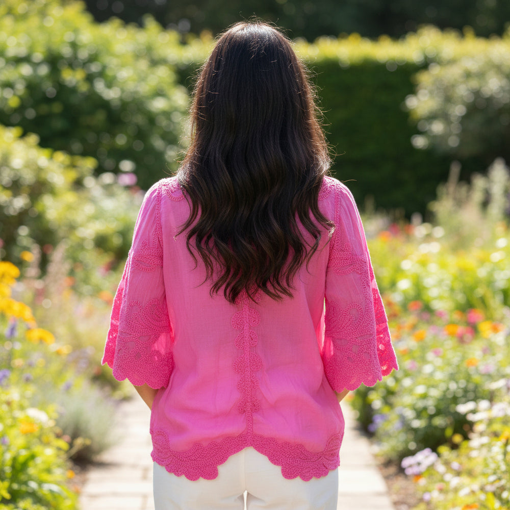 Clovelly Cerise Pink Cotton Crochet Wide Sleeve Top - Sugarplum Boutique