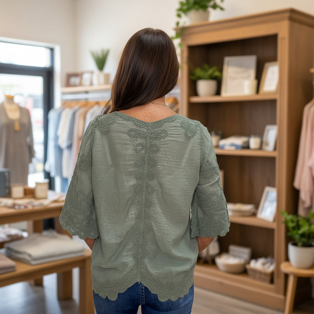 Clovelly Khaki Green Cotton Crochet Wide Sleeve Top -  Sugarplum Boutique