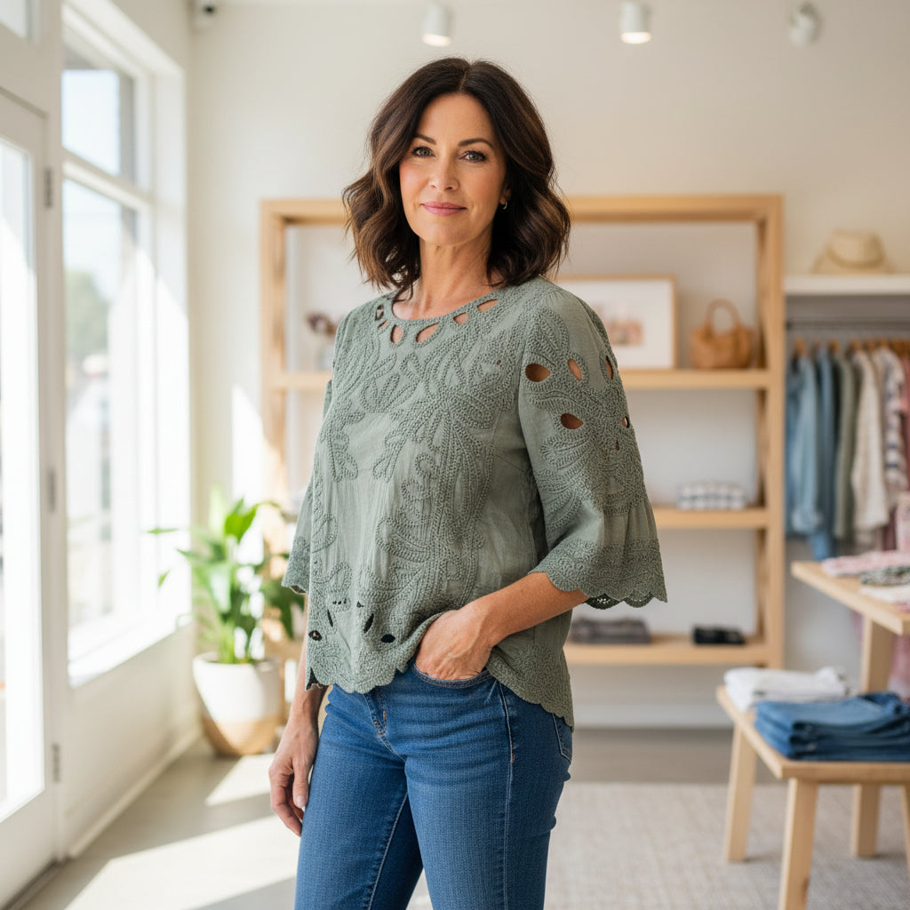 Clovelly Khaki Green Cotton Crochet Wide Sleeve Top -  Sugarplum Boutique