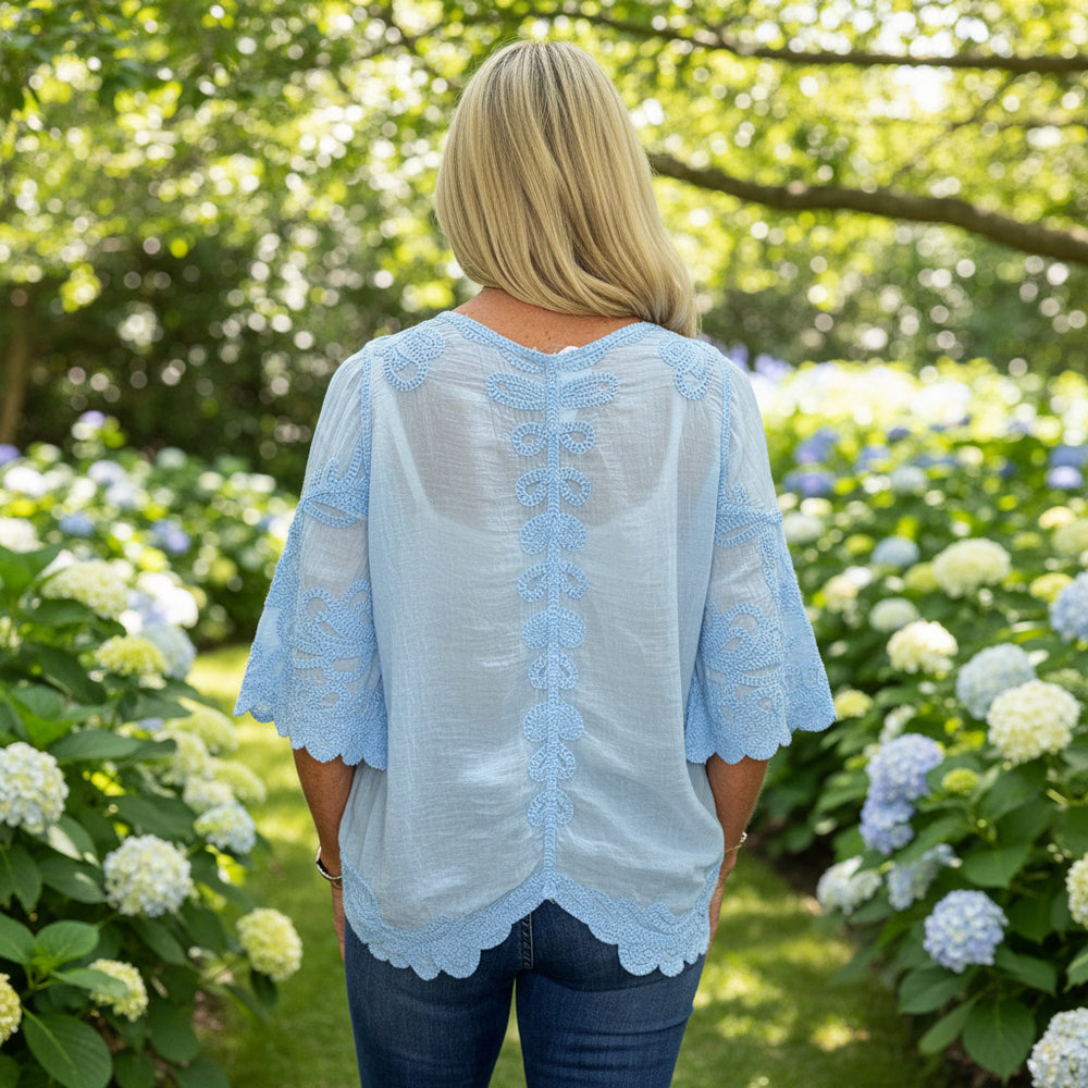 Clovelly Light Blue Cotton Crochet Wide Sleeve Top - Sugarplum Boutique