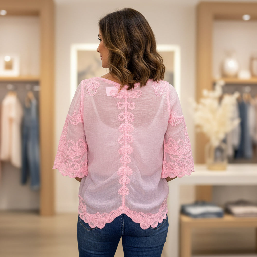 Clovelly Pink Cotton Crochet Wide Sleeve Top - Sugarplum Boutique