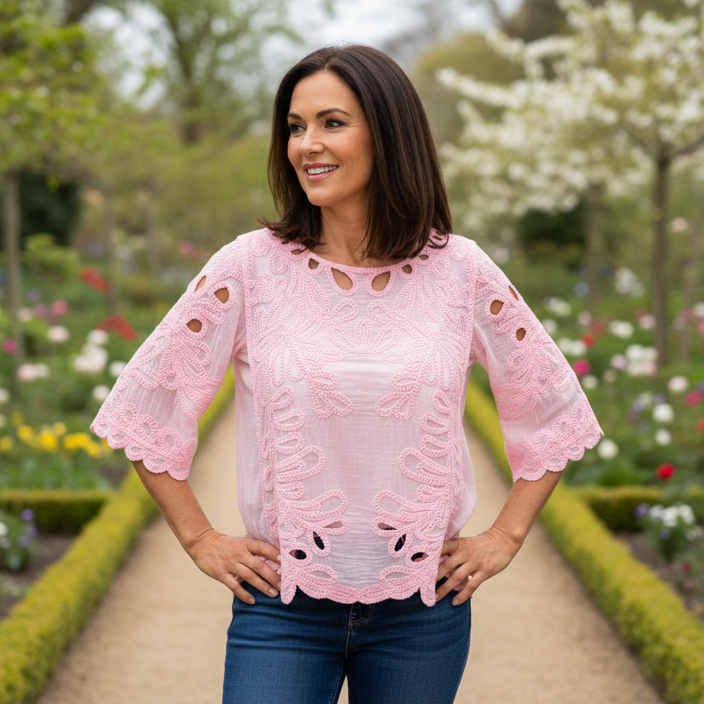 Clovelly Pink Cotton Crochet Wide Sleeve Top - Sugarplum Boutique