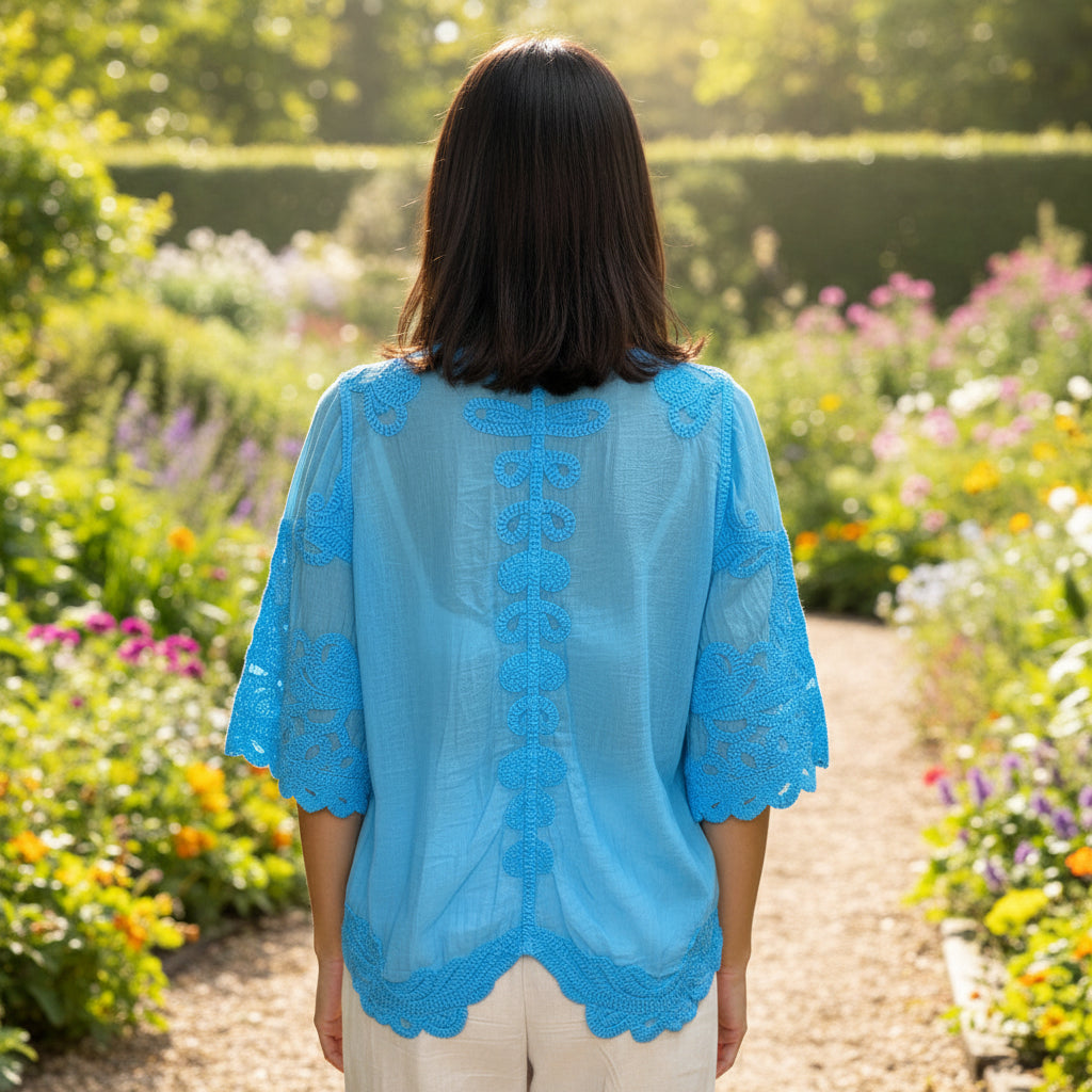 Clovelly Turquoise Blue Cotton Crochet Wide Sleeve Top - Sugarplum Boutique