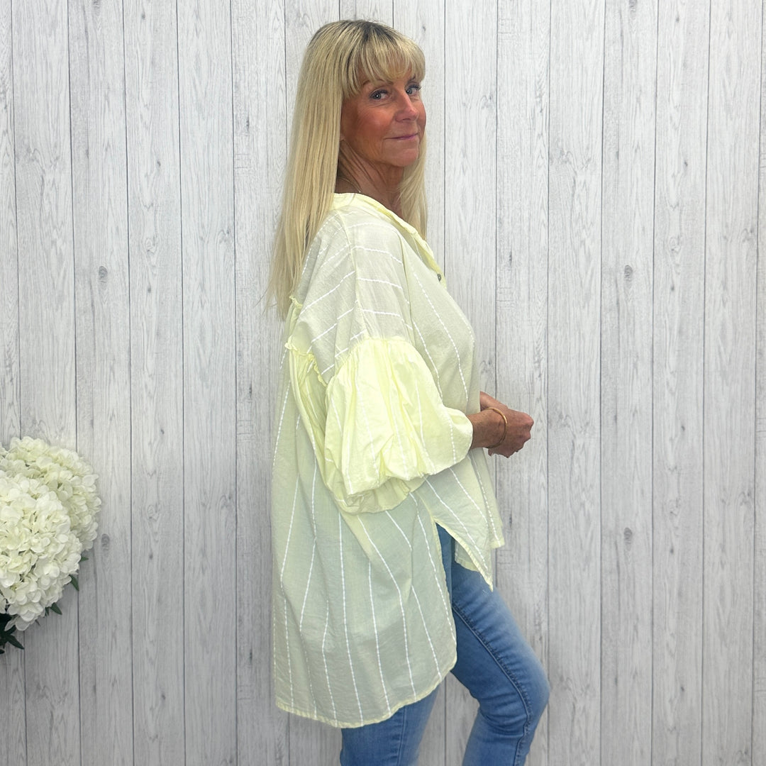 Cobham Cotton Striped Grandad Collar Shirt Top Lemon Yellow - Sugarplum Boutique