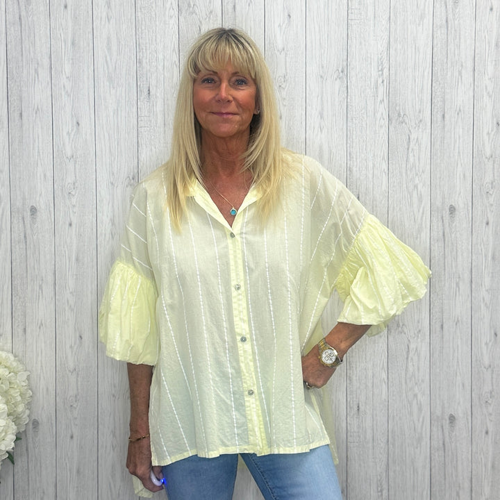 Cobham Cotton Striped Grandad Collar Shirt Top Lemon Yellow - Sugarplum Boutique