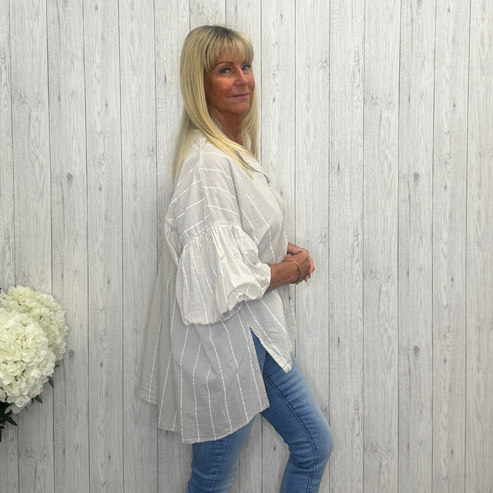 Cobham Cotton Striped Grandad Collar Shirt Top Stone - Sugarplum Boutique