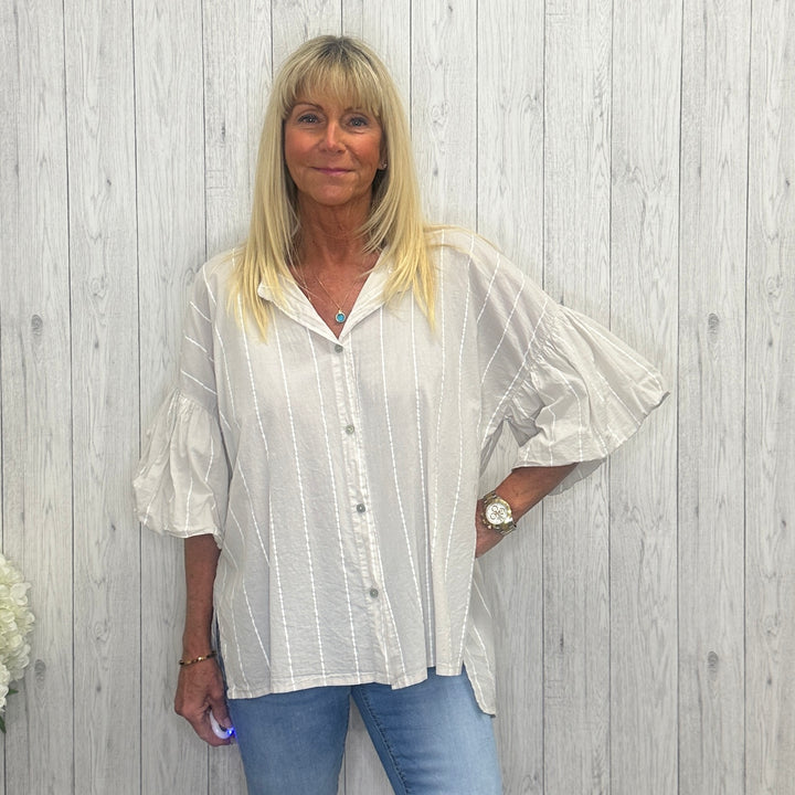Cobham Cotton Striped Grandad Collar Shirt Top Stone - Sugarplum Boutique