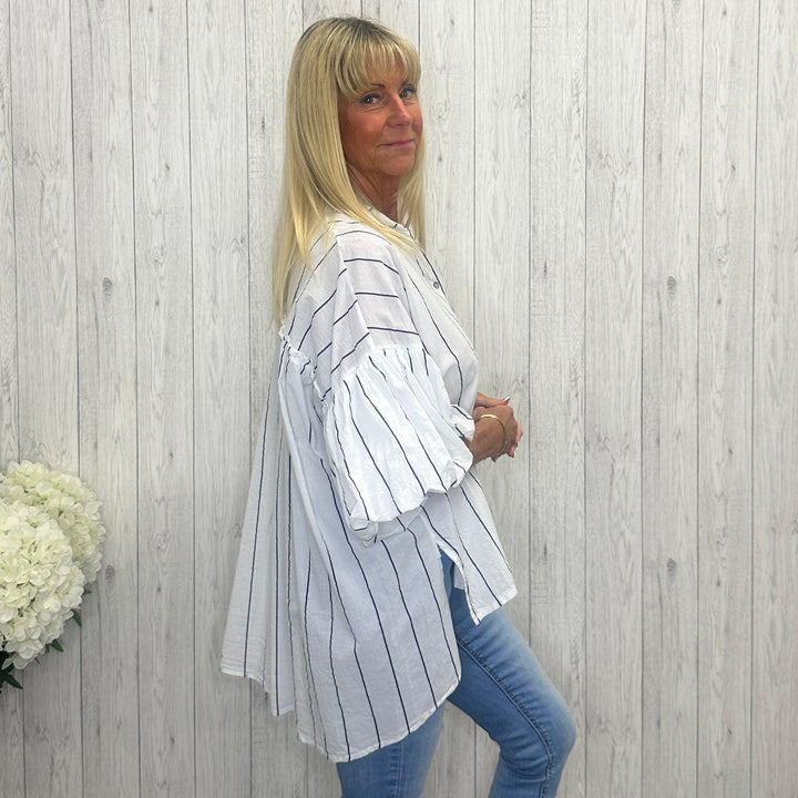Cobham Cotton Striped Grandad Collar Shirt Top White - Sugarplum Boutique