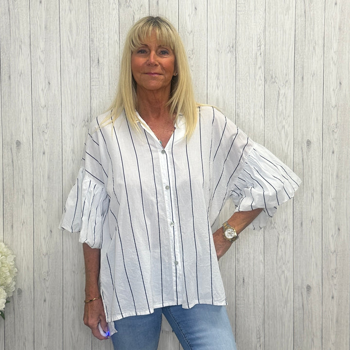 Cobham Cotton Striped Grandad Collar Shirt Top White - Sugarplum Boutique