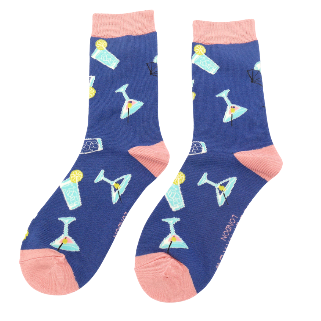 Cocktails Ladies Bamboo Socks Blue - Sugarplum Boutique