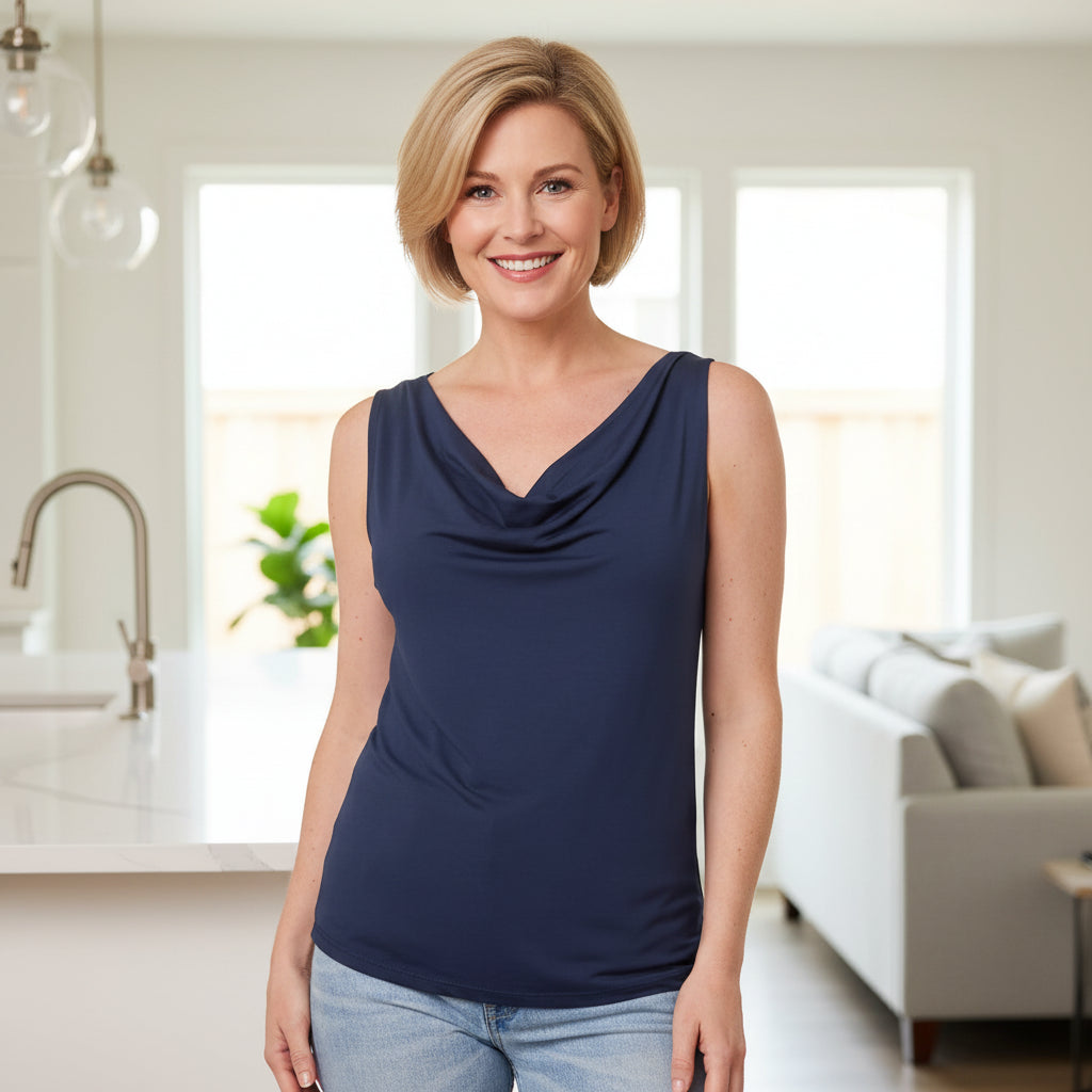 Collette Cowl Neck Navy Blue Sleeveless Jersey Top - Sugarplum Boutique