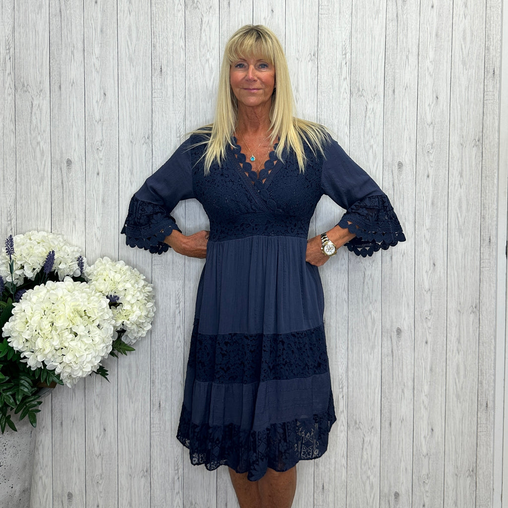 Constance Cotton Crochet Lace Midi Dress Navy Blue – Sugarplum