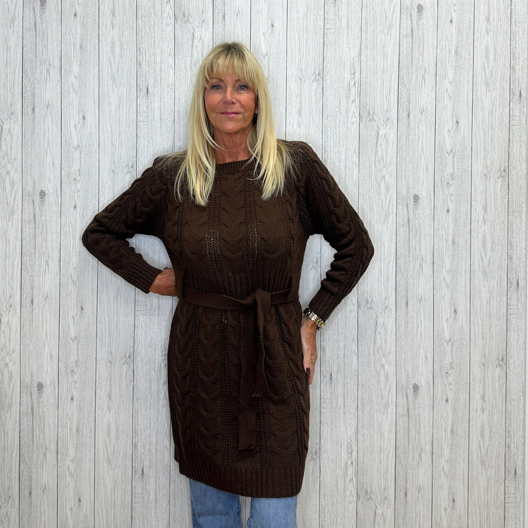 Coral Cable Knit Belted Jumper Dress Chocolate Brown – Sugarplum Boutique &  Home