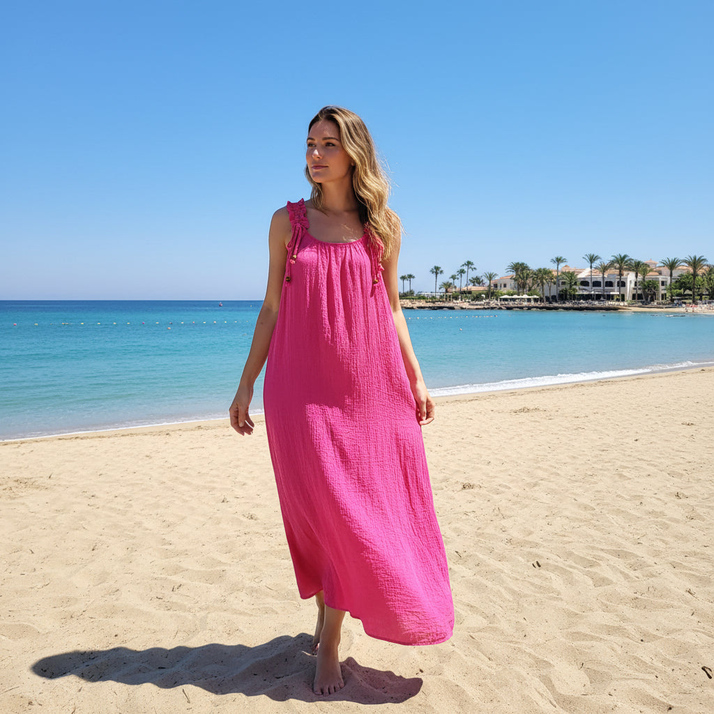 Crinkle Maxi Beaded Cerise Pink Wide Strap Dress - Sugarplum Boutique