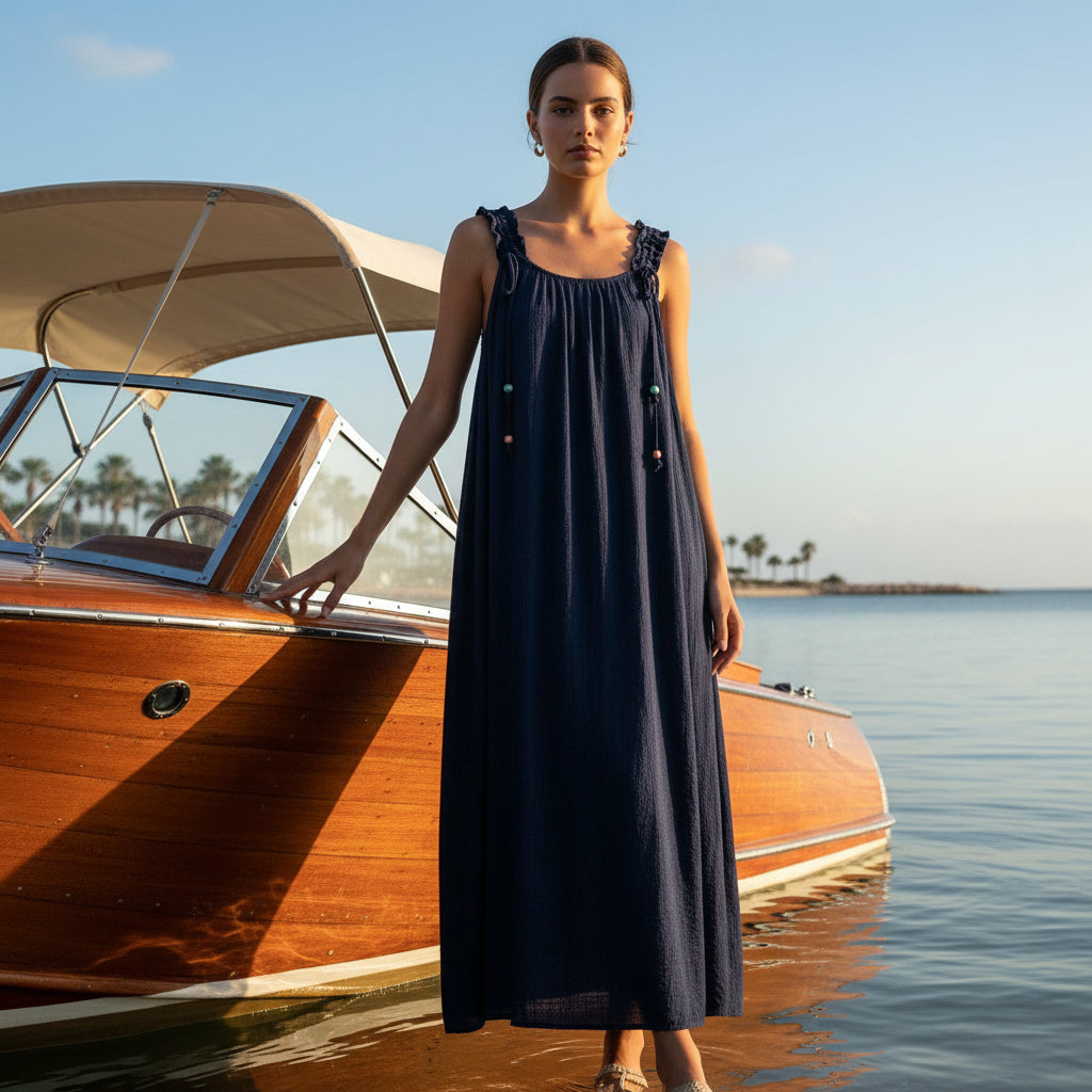 Crinkle Maxi Beaded Navy Blue Wide Strap Dress - Sugarplum Boutique