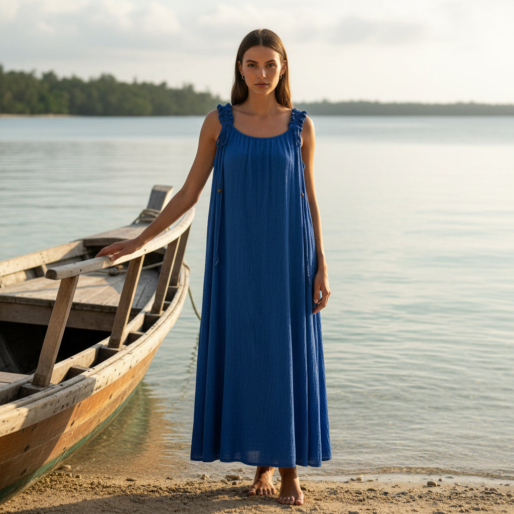 Crinkle Maxi Beaded Royal Blue Wide Strap Dress - Sugarplum Boutique