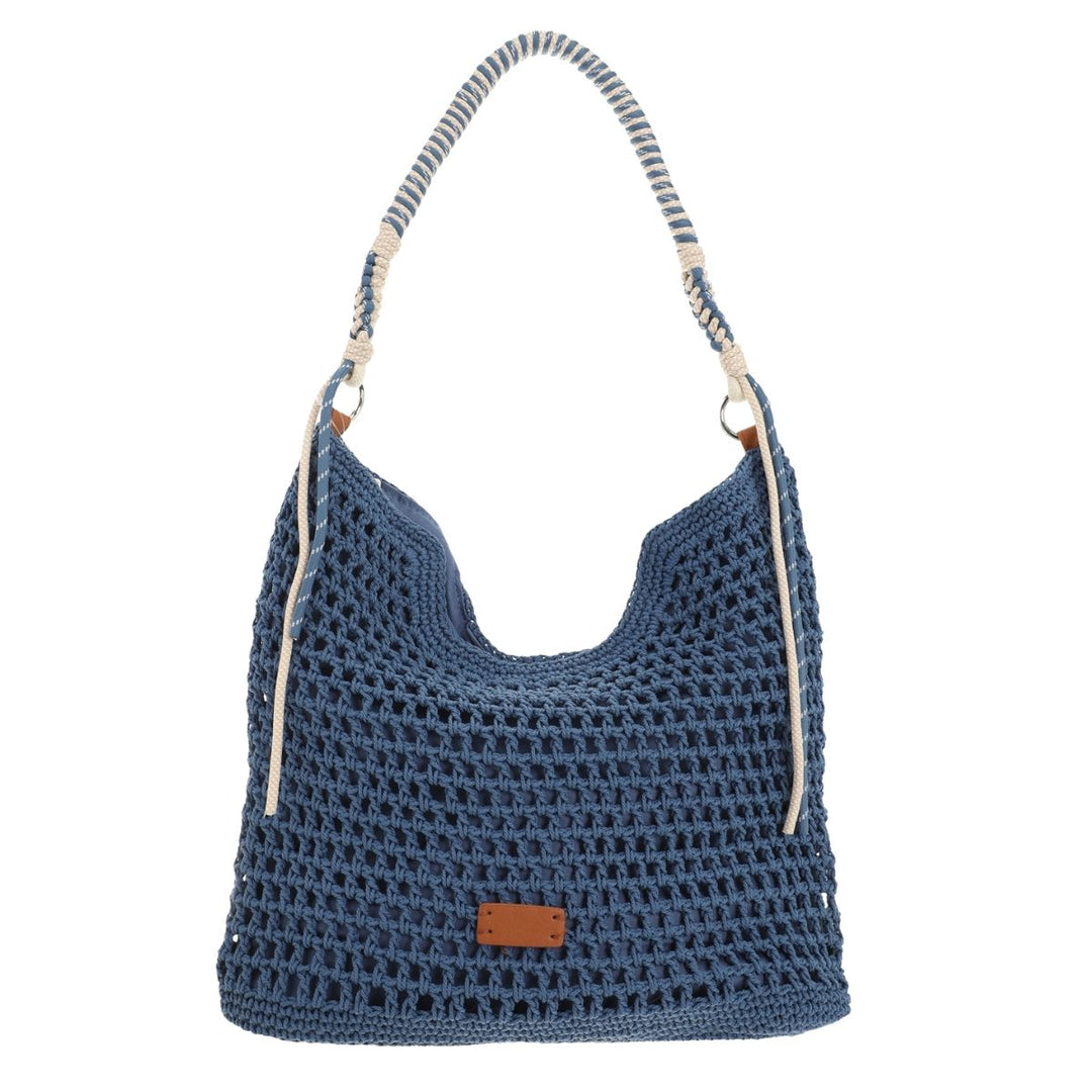 Crochet Cotton Denim Blue Lined Macrame Handle Shopper Bag - Sugarplum Boutique