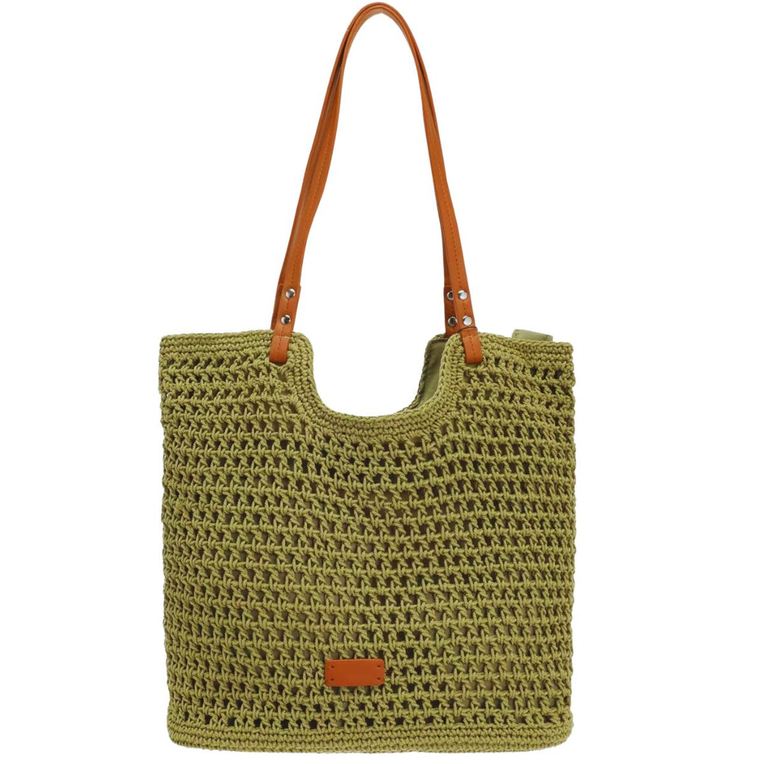 Crochet Cotton Lined Khaki Green Shopper Bag- Sugarplum Boutique