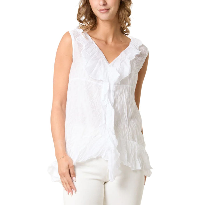 Crondall Crinkle Frill Sleeveless Top White - Sugarplum Boutique