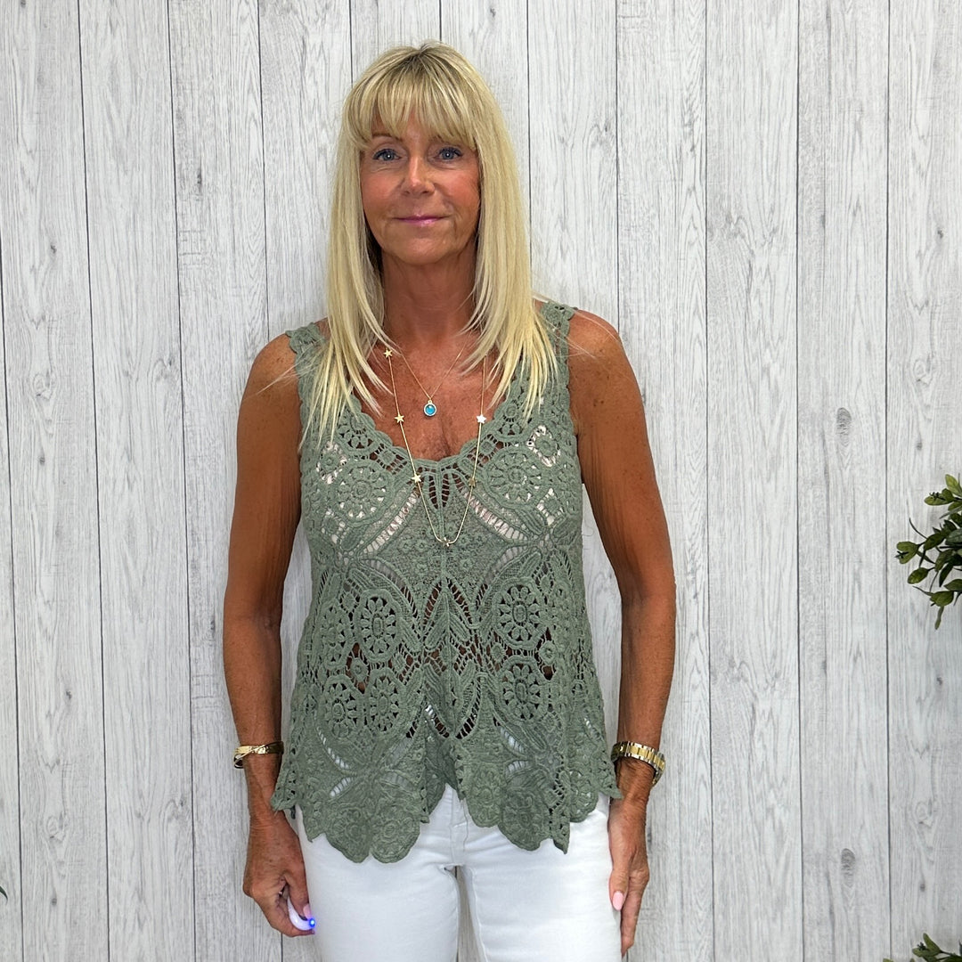 Croxley Cotton Crochet Vest Top Khaki Green - Sugarplum Boutique