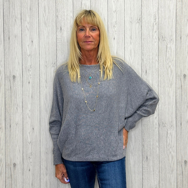 Made In Italy Polly Pearl Back Silver Grey Batwing Sleeve Jumper