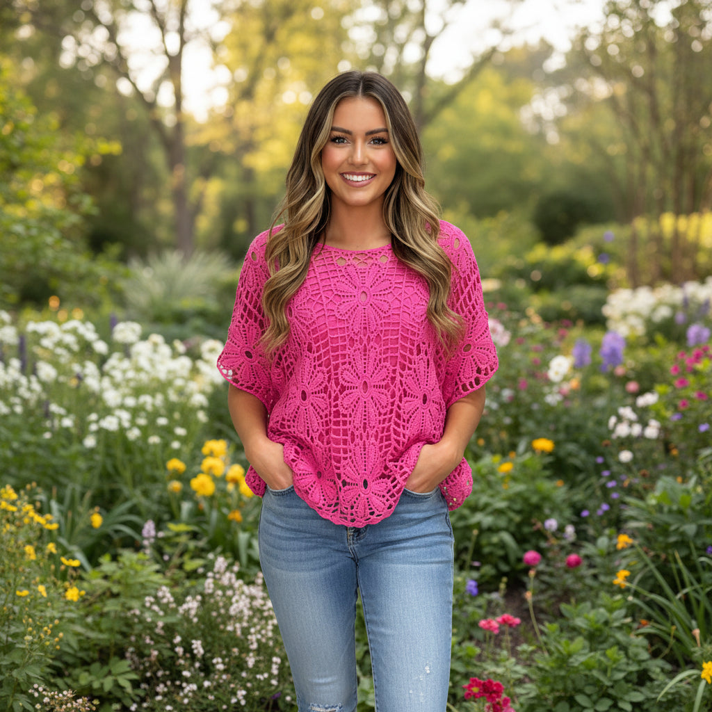 Daisy Cerise Pink Two Piece Cotton Crochet Set - Sugarplum Boutique