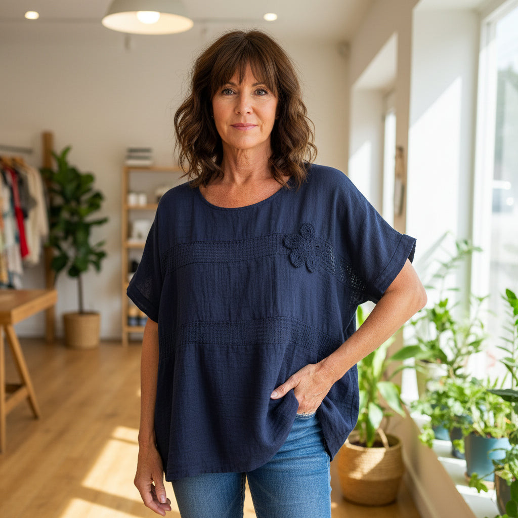 Daisy Navy Blue Embroidered Cotton Top - Sugarplum Boutique
