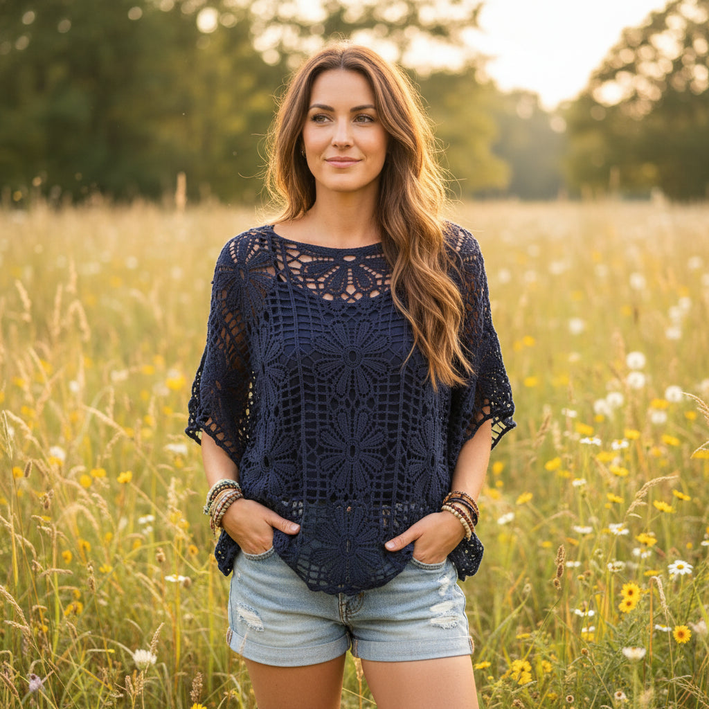 Daisy Navy Blue Two Piece Cotton Crochet Set - Sugarplum Boutique