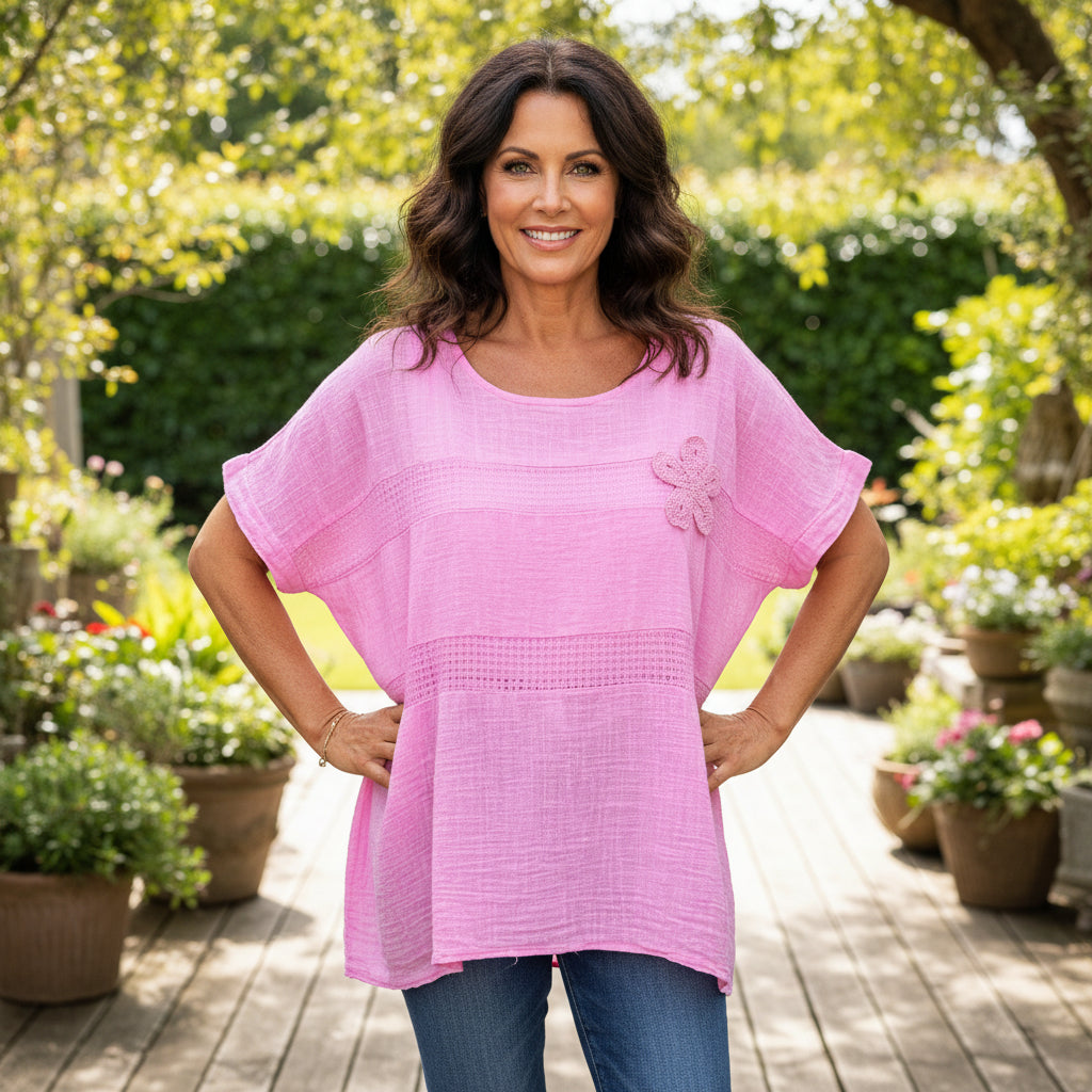 Daisy Pink Embroidered Cotton Top - Sugarplum Boutique