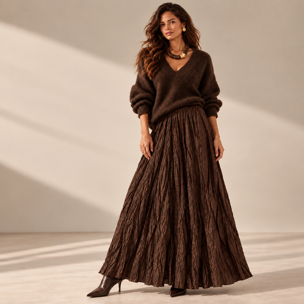 Dana Chocolate Brown Crinkle Maxi Skirt - Sugarplum Boutique