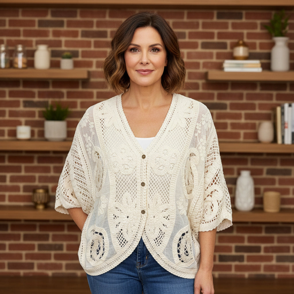 Danny Stone Cotton Crochet Paisley Button Cardigan - Sugarplum Boutique