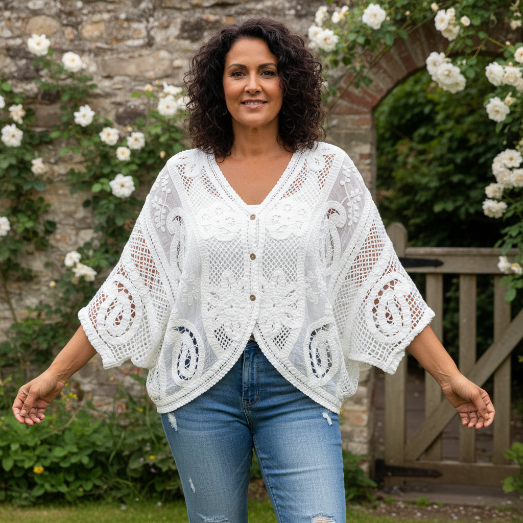Danny White Cotton Crochet Paisley Button Cardigan - Sugarplum Boutique