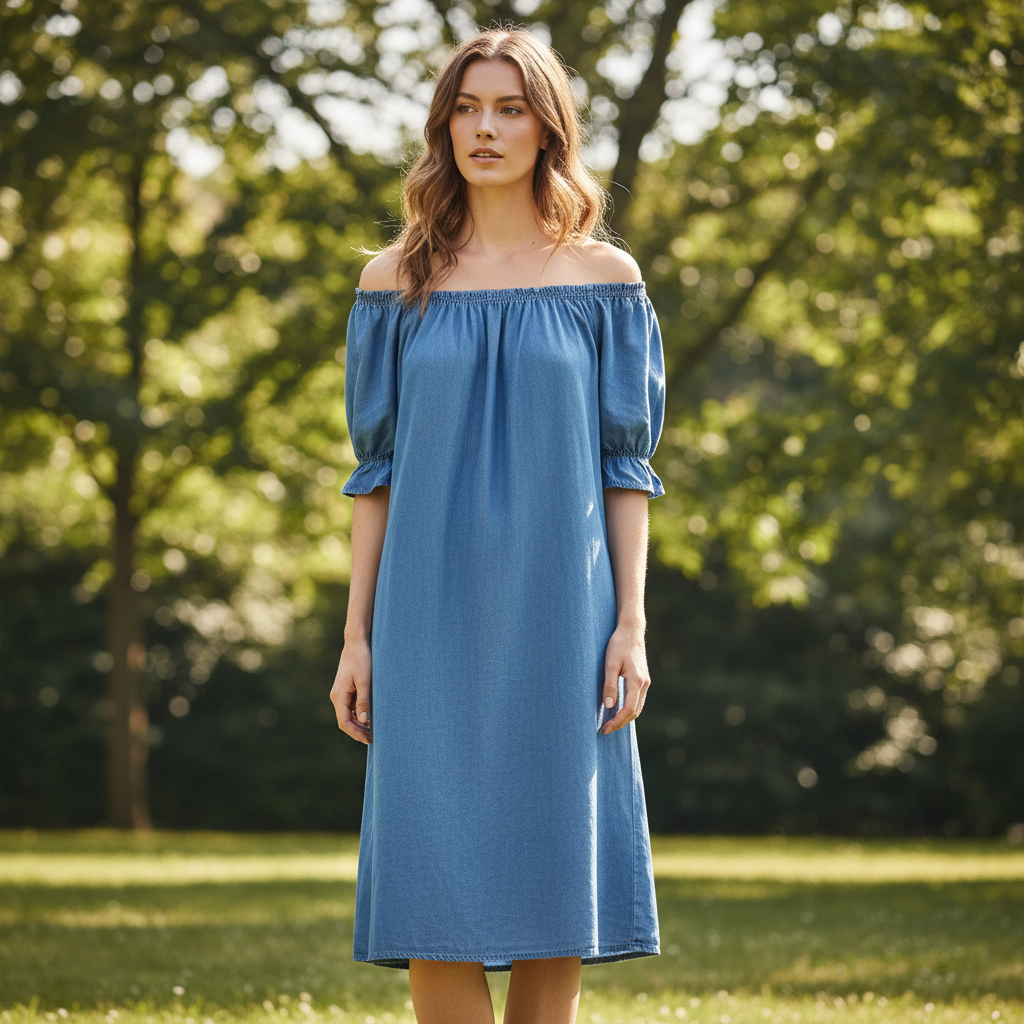 Darsha Mid Denim Bardot Midi Dress - Sugarplum Boutique