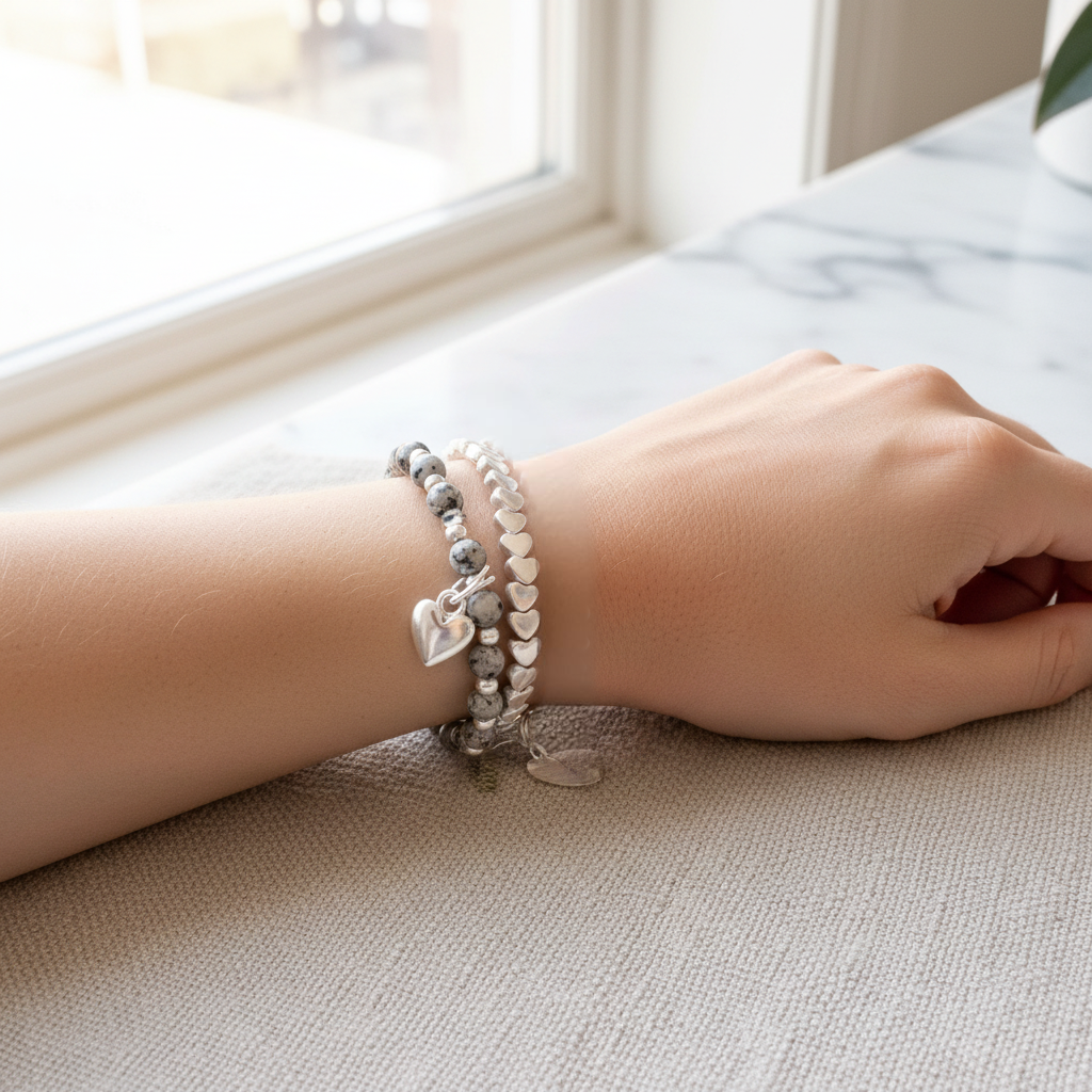 Debs Double Heart Strand Bracelet Light Grey - Sugarplum Boutique
