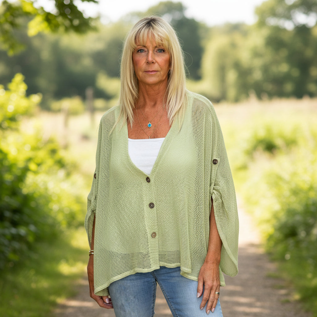 Delila Cotton Mesh Lime Green 3 Button Cardigan - Sugarplum Boutique