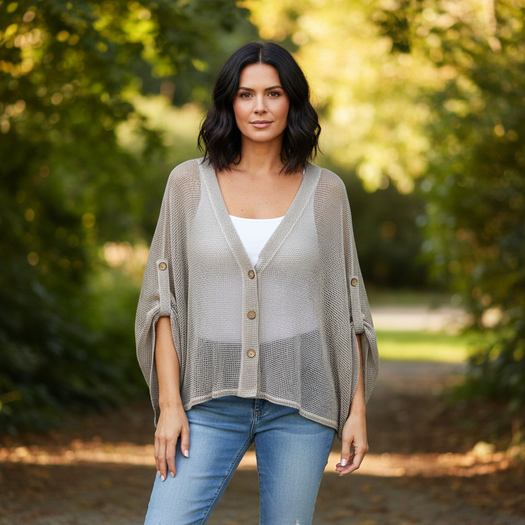 Delila Cotton Mesh Mocha Brown 3 Button Cardigan - Sugarplum Boutique