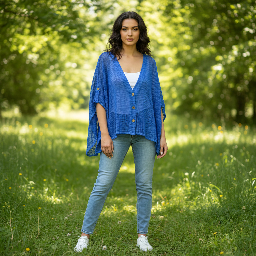 Delila Cotton Mesh Sky Blue 3 Button Cardigan - Sugarplum Boutique