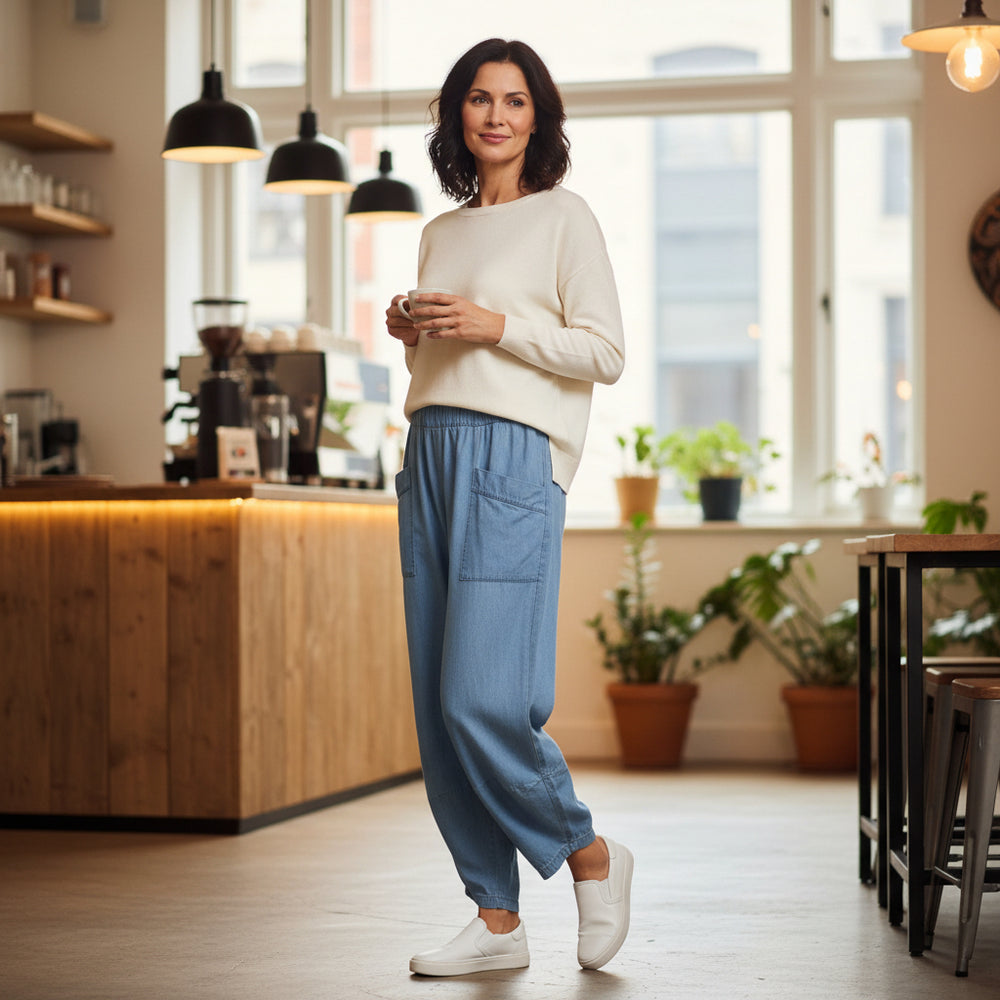 Delta Light Denim Barrel Leg Cotton Trousers - Sugarplum Boutique